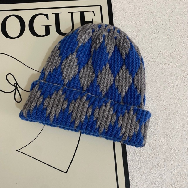 Autumn Winter Retro Color Block Rhombus Knit Beanie for Men Women Warm Ear Protection Knitted Hat Fashion Casual Skull Cap