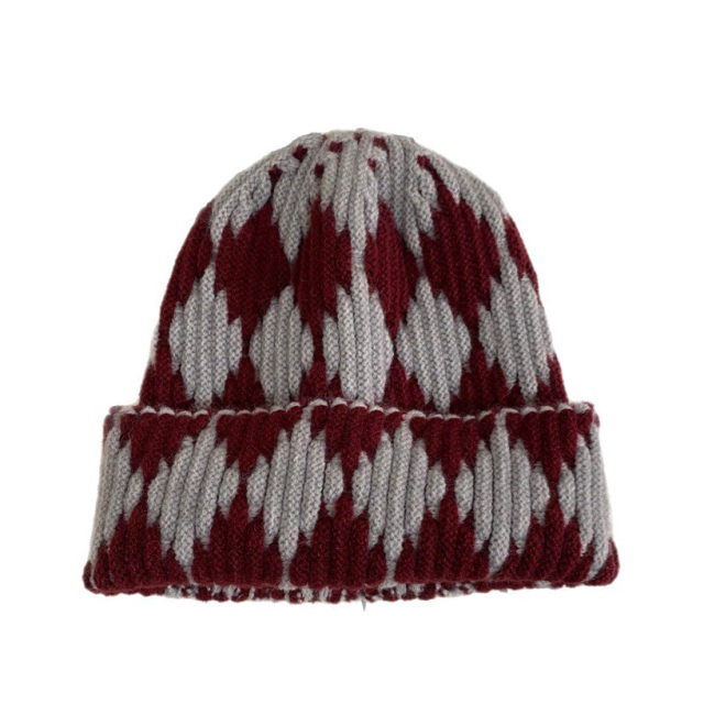 Autumn Winter Retro Color Block Rhombus Knit Beanie for Men Women Warm Ear Protection Knitted Hat Fashion Casual Skull Cap