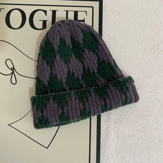 Autumn Winter Retro Color Block Rhombus Knit Beanie for Men Women Warm Ear Protection Knitted Hat Fashion Casual Skull Cap