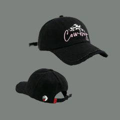 Vintage Washed Black Cowboy Embroidered Baseball Cap Adjustable Distressed Hat for Men Women