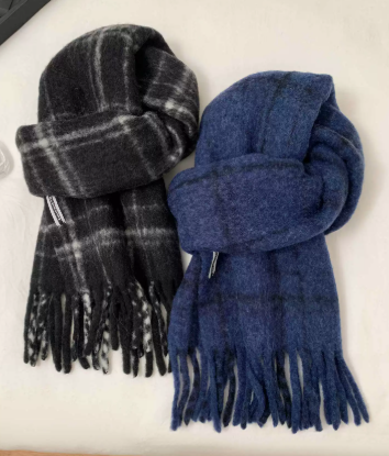 Women's Blue Mohair Plaid Scarf 2025 New Autumn Winter Korean Style Luxury Thick Warm Scarf Shawl