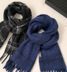 Women's Blue Mohair Plaid Scarf 2025 New Autumn Winter Korean Style Luxury Thick Warm Scarf Shawl