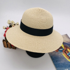 Ladies Wide Brim Straw Basin Hat, Big Bow Decor UV Protection Sun Hat