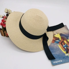 Ladies Wide Brim Straw Basin Hat, Big Bow Decor UV Protection Sun Hat