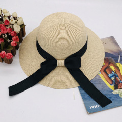 Ladies Wide Brim Straw Basin Hat, Big Bow Decor UV Protection Sun Hat