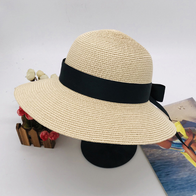 Ladies Wide Brim Straw Basin Hat, Big Bow Decor UV Protection Sun Hat