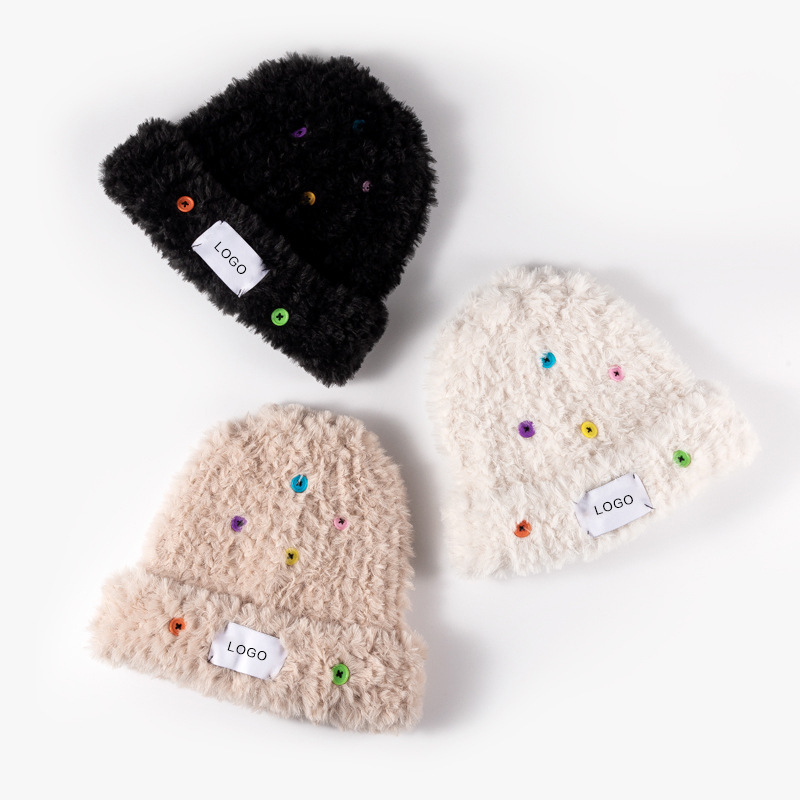 Autumn Winter Fuzzy Knit Bucket Hat, Long Faux Rabbit Fur, Sweet Color Button Knitted Hat