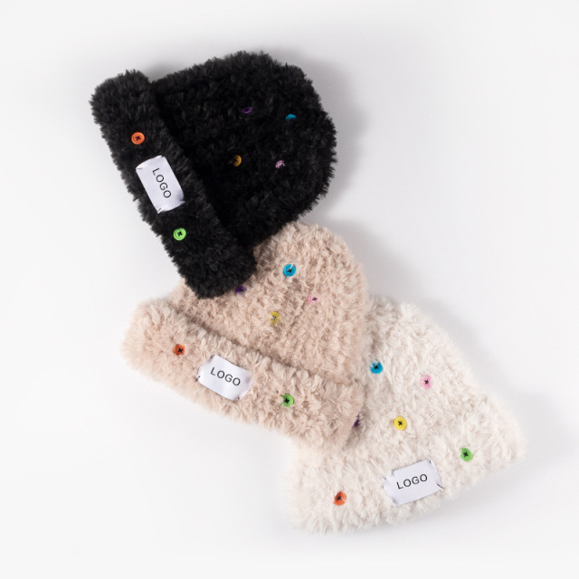 Autumn Winter Fuzzy Knit Bucket Hat, Long Faux Rabbit Fur, Sweet Color Button Knitted Hat