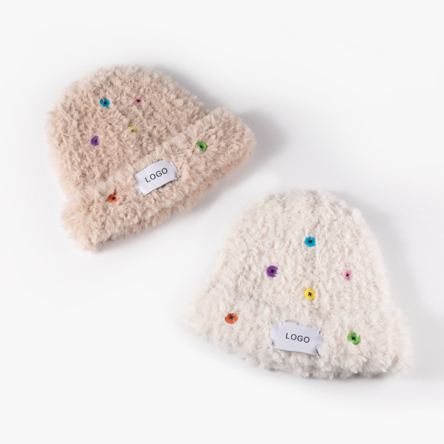 Autumn Winter Fuzzy Knit Bucket Hat, Long Faux Rabbit Fur, Sweet Color Button Knitted Hat