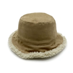 Customized Plush Winter Bucket Hat, Suede Leather Lamb Fleece Warm Hat