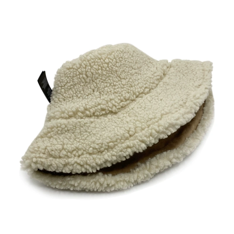 Customized Plush Winter Bucket Hat, Suede Leather Lamb Fleece Warm Hat