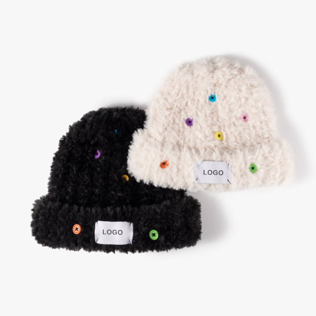Autumn Winter Fuzzy Knit Bucket Hat, Long Faux Rabbit Fur, Sweet Color Button Knitted Hat