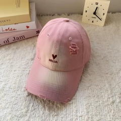 Korean Style Pink Love Heart Embroidered Baseball Cap for Women, Distressed Washed Soft Dad Hat, Wide Brim Face Slimming Large Head Circumference Adjustable Sun Hat