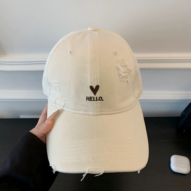 Korean Style Pink Love Heart Embroidered Baseball Cap for Women, Distressed Washed Soft Dad Hat, Wide Brim Face Slimming Large Head Circumference Adjustable Sun Hat