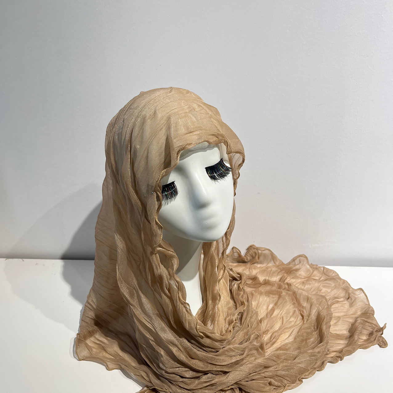 Crinkled Chiffon Hijab Scarf | Lightweight Pleated Satin Shawl in Warm Nude