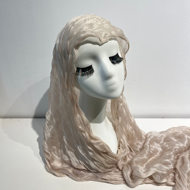 Crinkled Chiffon Hijab Scarf | Lightweight Pleated Satin Shawl in Warm Nude