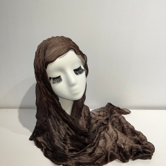 Crinkled Chiffon Hijab Scarf | Lightweight Pleated Satin Shawl in Warm Nude