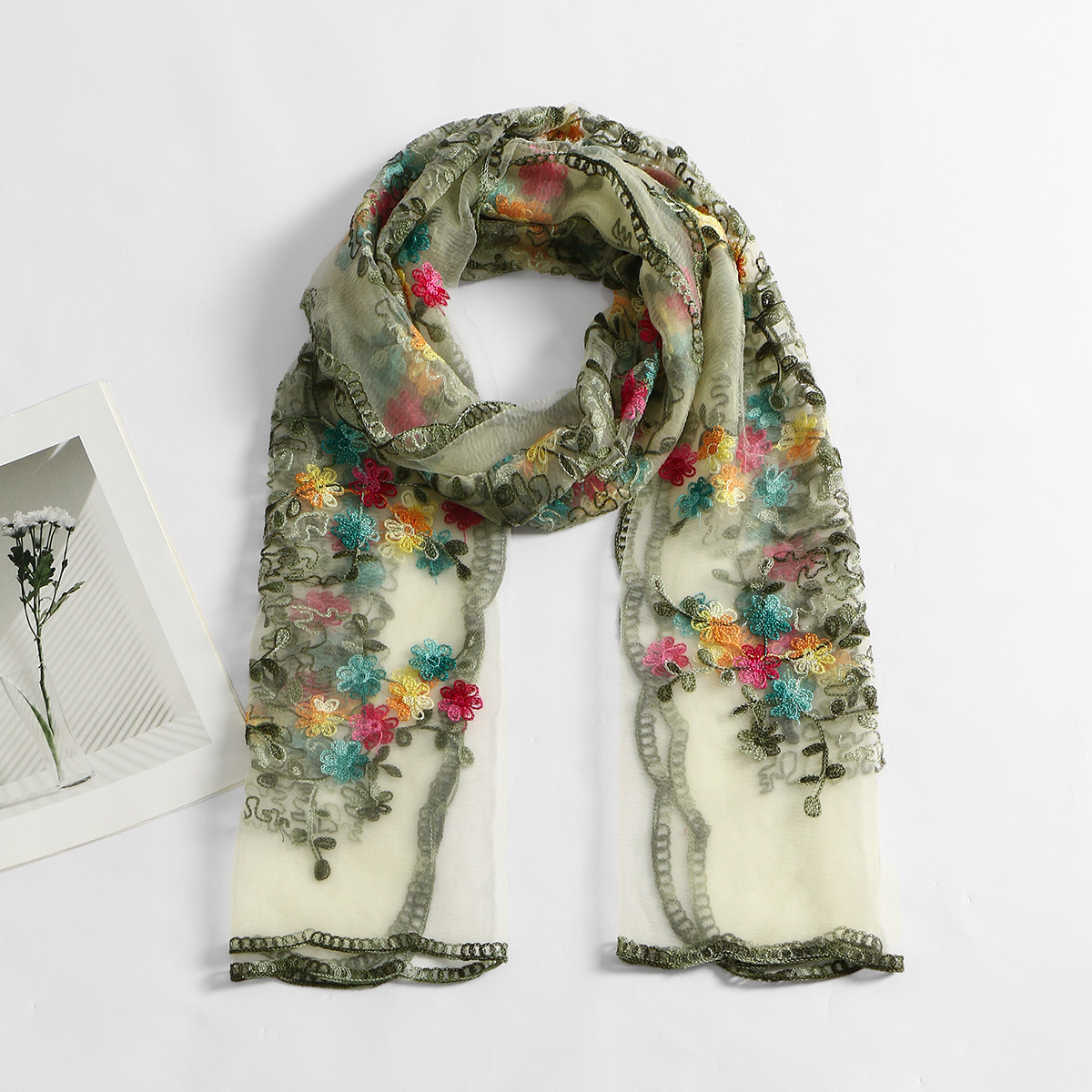 Bohemian Multicolor Floral Embroidered Sheer Scarf