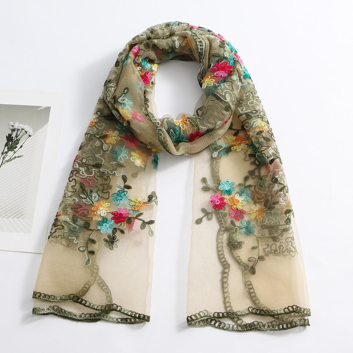 Bohemian Multicolor Floral Embroidered Sheer Scarf