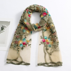 Bohemian Multicolor Floral Embroidered Sheer Scarf