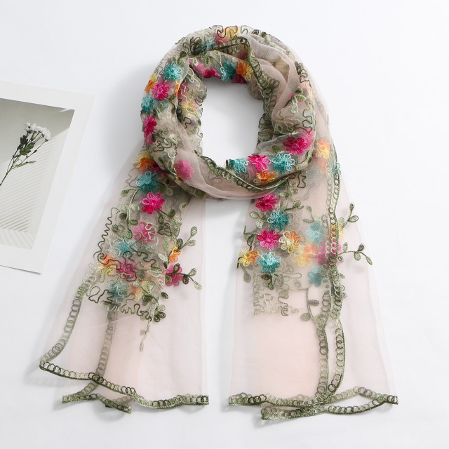 Bohemian Multicolor Floral Embroidered Sheer Scarf