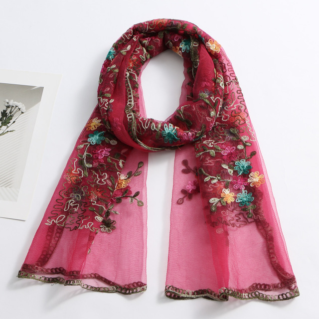 Bohemian Multicolor Floral Embroidered Sheer Scarf