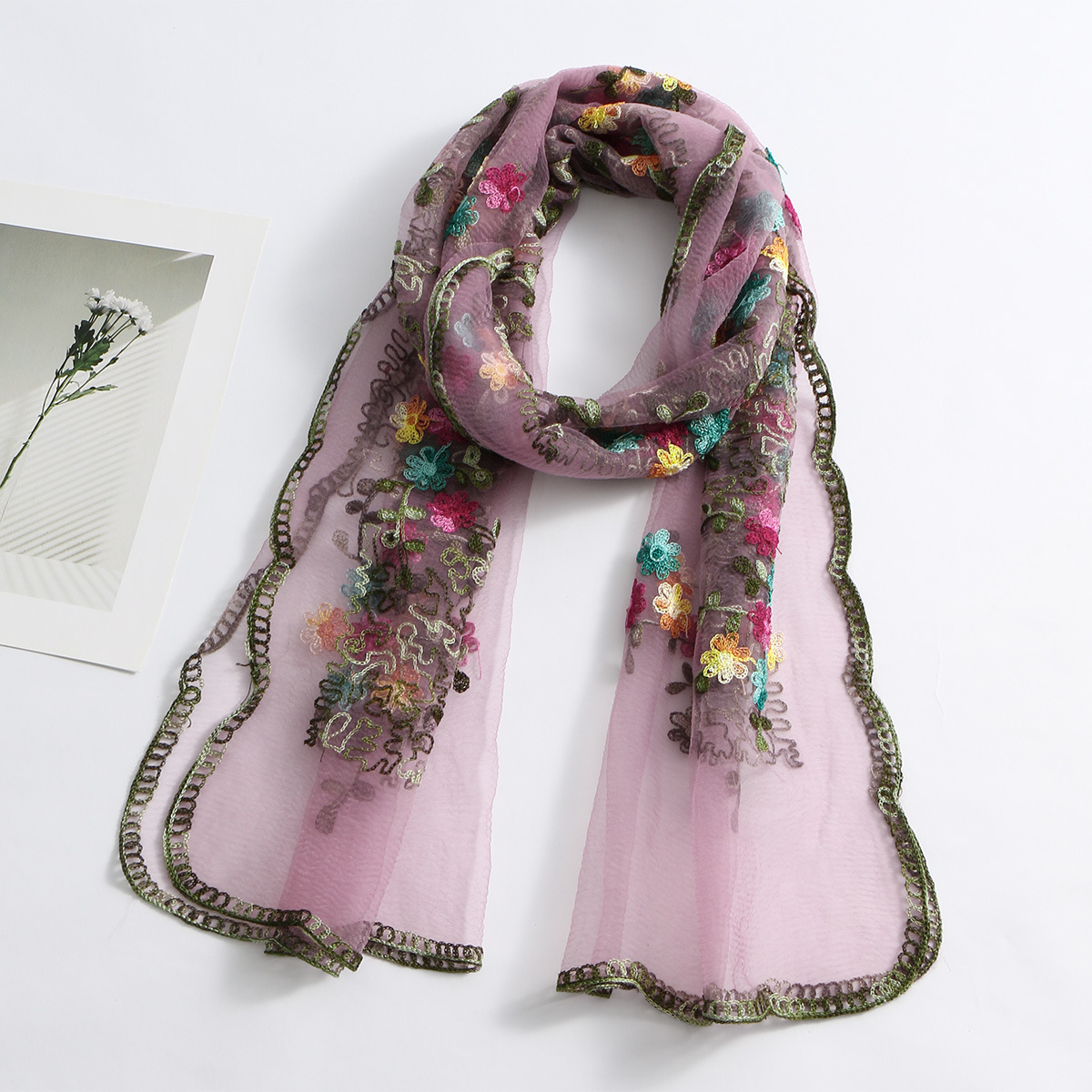 Bohemian Multicolor Floral Embroidered Sheer Scarf