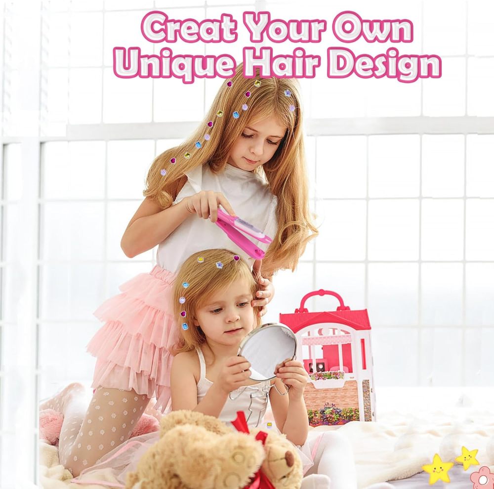 Hair Gem Stamper Kit, Bling Hair Jewels for Girls Toys, Hair Styling Tool with Reusable Shining Diamonds, Birthday Gifts Toys for Girls Ages 3 4 5 6 8-12 (Pink)