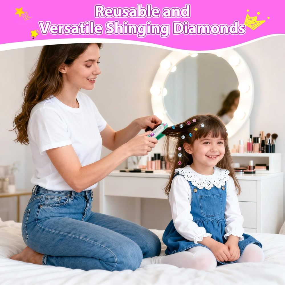 Hair Gem Stamper Kit, Bling Hair Jewels for Girls Toys, Hair Styling Tool with Reusable Shining Diamonds, Birthday Gifts Toys for Girls Ages 3 4 5 6 8-12 (Green)