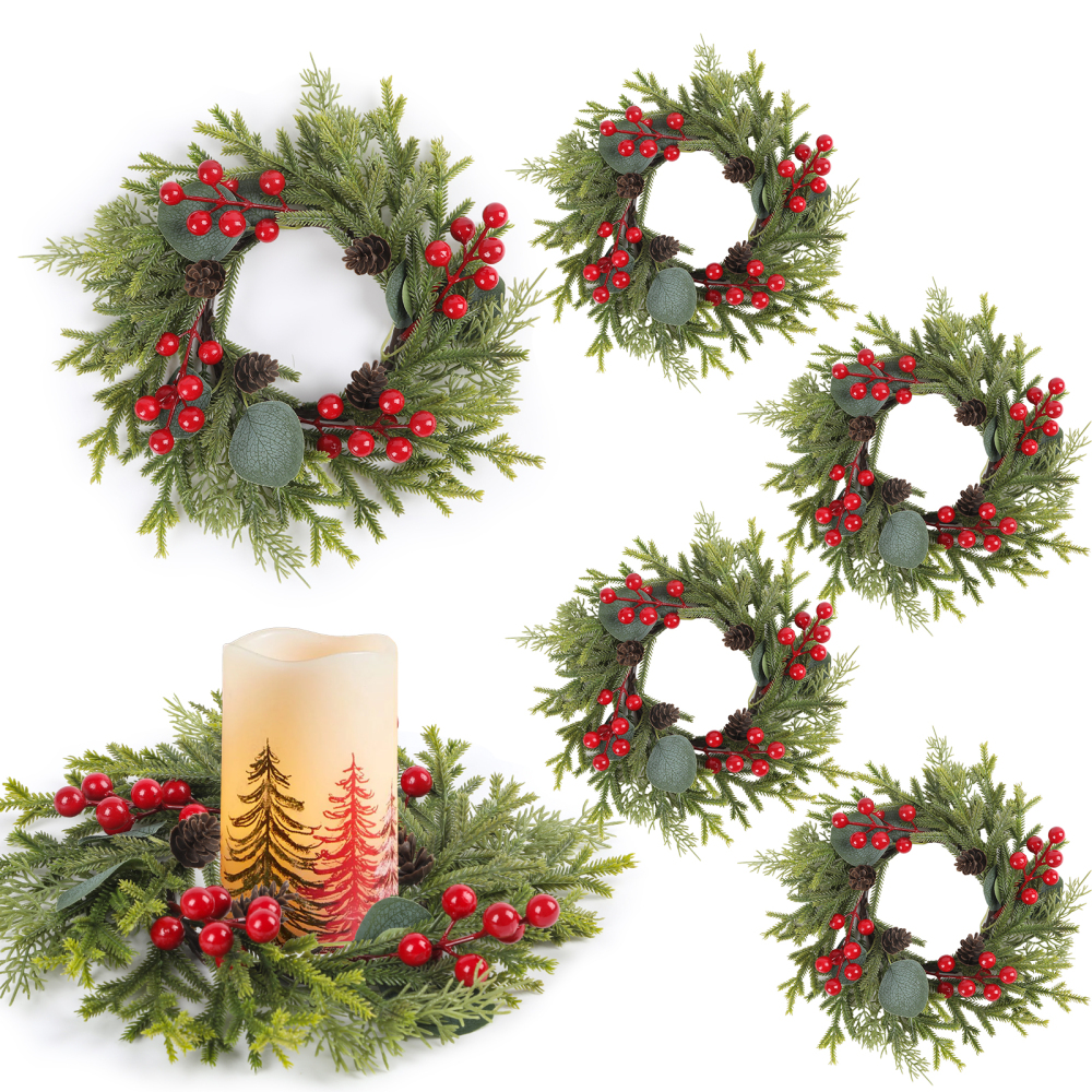 4 Pcs Christmas Candle Rings Wreath Xmas Kitchen Cabinet Mini Wreath Artificial Snowy Pine with Red Berries & Pinecones for Table Window Indoor Decor