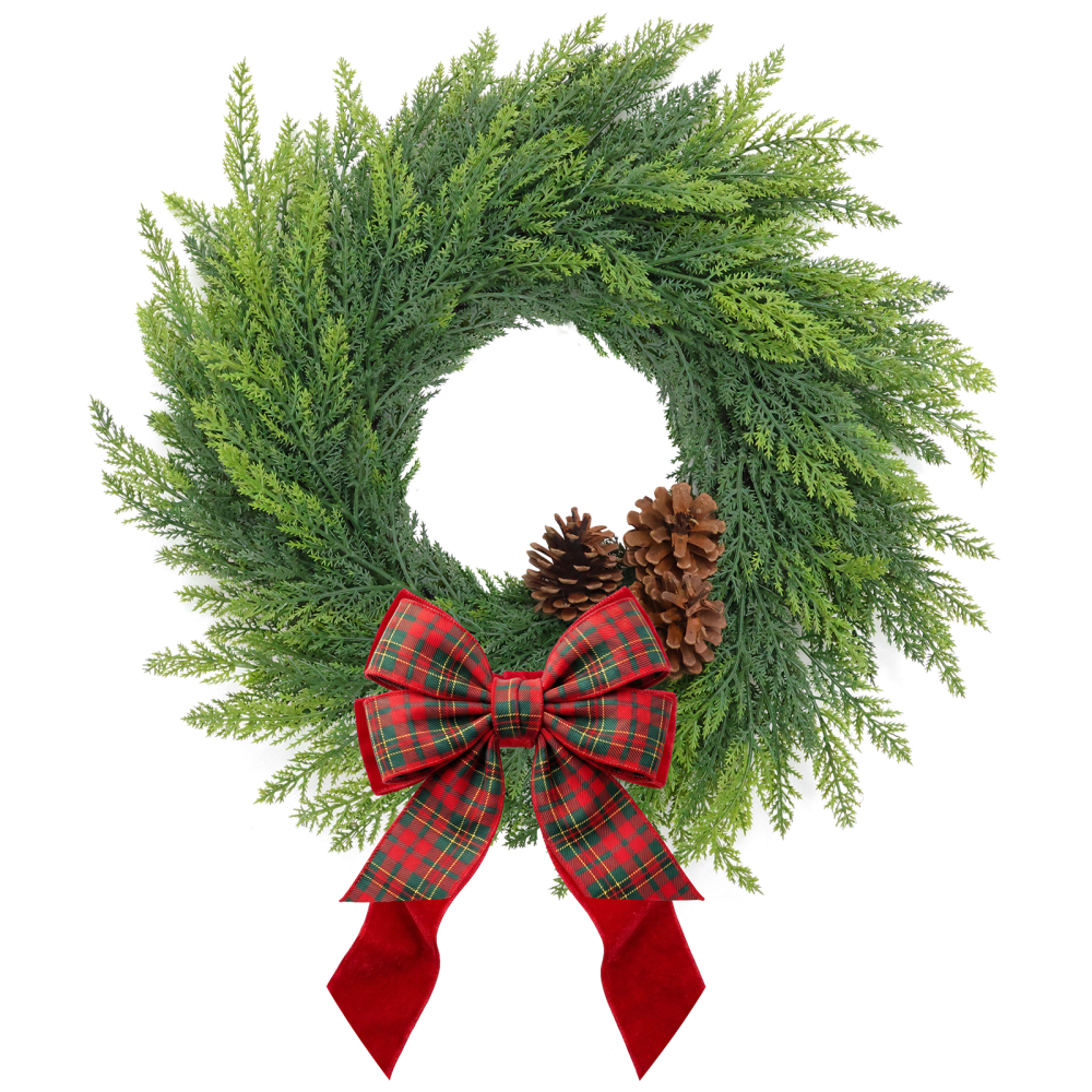 24" Large Christmas Wreath with Pine Cones & Plaid Bow, Lifelike Evergreen for Front Door Window Porch Indoor/Outdoor