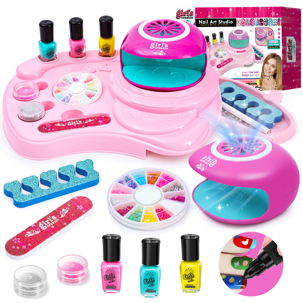 Kidzkube Kids Nail Polish Set for Girls, Non-Toxic Nail Art Kit with Spa Manicure Tools, Fun Girl Stuff for Birthday Gifts 8-12 Year Olds
