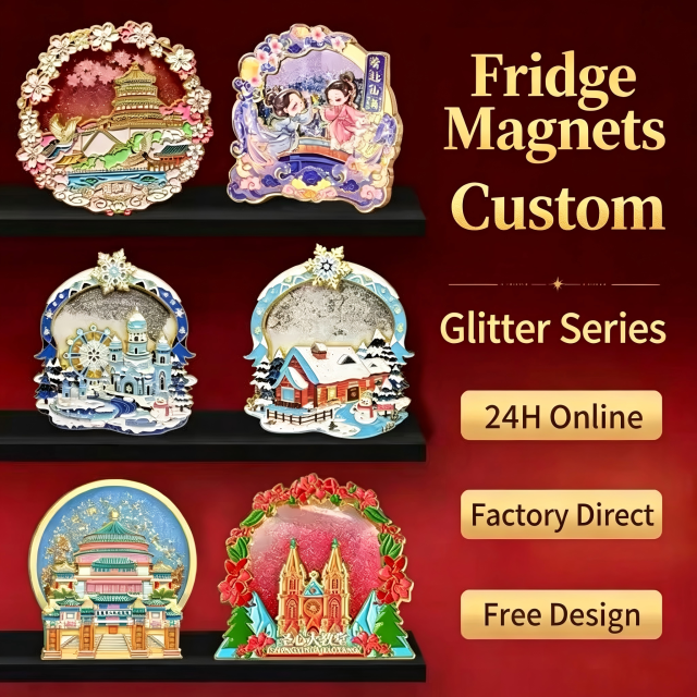 Metal relief flow sand refrigerator magnet custom creative tourism souvenir city building promotional refrigerator magnet customization
