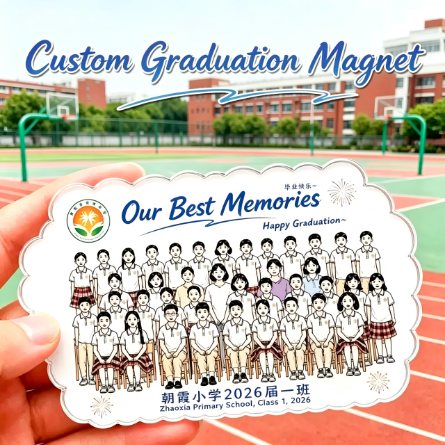 Customized acrylic graduation fridge magnets for DIY soft magnetic ads, custom-made with school logos, photo gluing, creative gift idea