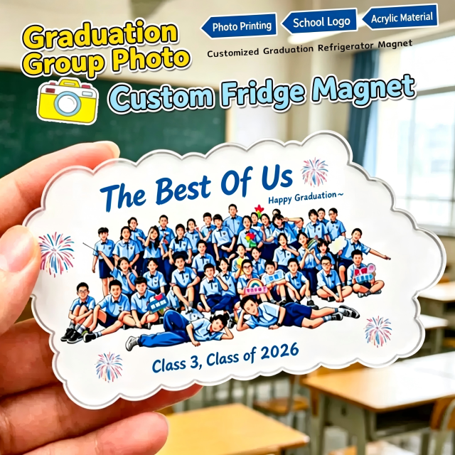 Customized acrylic graduation fridge magnets for DIY soft magnetic ads, custom-made with school logos, photo gluing, creative gift idea