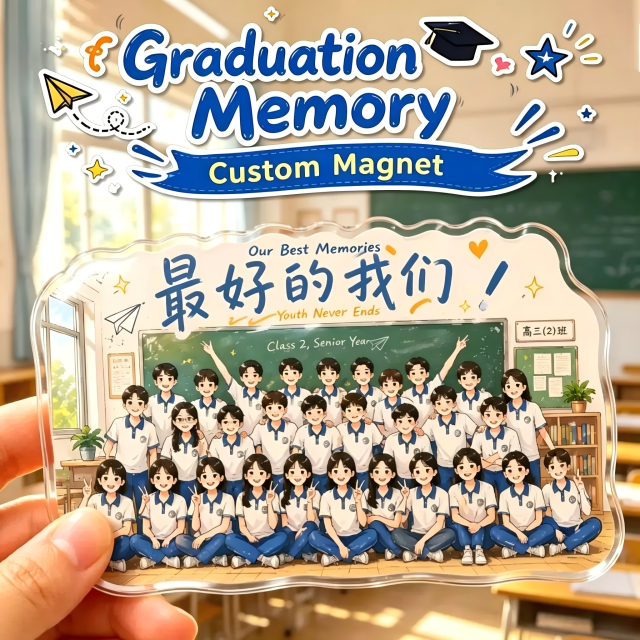 Customized acrylic graduation fridge magnets for DIY soft magnetic ads, custom-made with school logos, photo gluing, creative gift idea