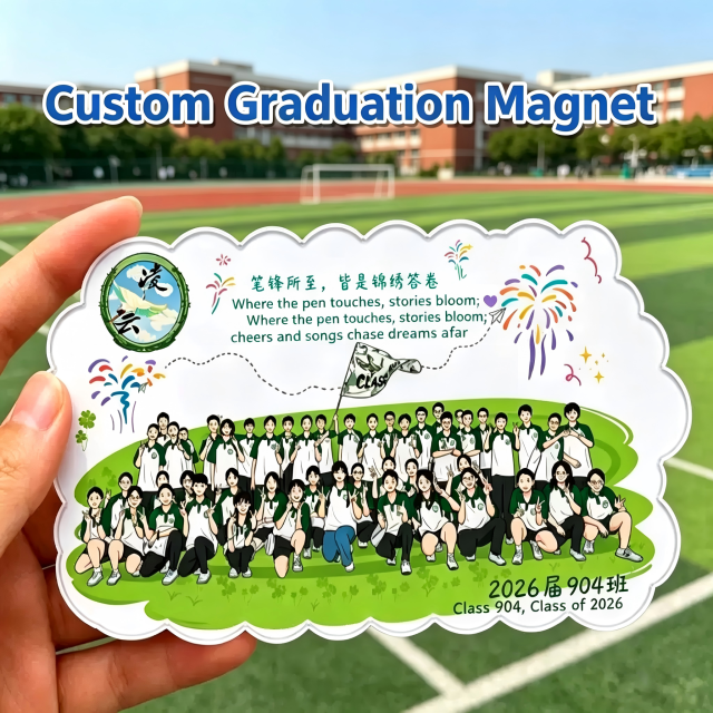 Customized acrylic graduation fridge magnets for DIY soft magnetic ads, custom-made with school logos, photo gluing, creative gift idea