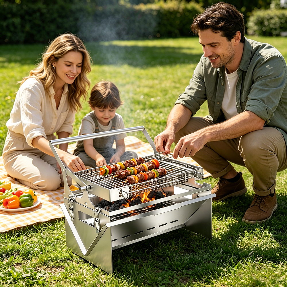 360° Rotating Charcoal Grills Stainless Steel Flipping Barbecue Grill Portable Smoker Grill with Foldable Legs for Camping Picnics Garden Beach Party