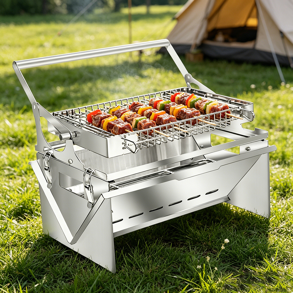 360° Rotating Charcoal Grills Stainless Steel Flipping Barbecue Grill Portable Smoker Grill with Foldable Legs for Camping Picnics Garden Beach Party