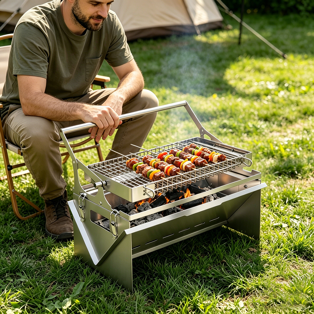 360° Rotating Charcoal Grills Stainless Steel Flipping Barbecue Grill Portable Smoker Grill with Foldable Legs for Camping Picnics Garden Beach Party