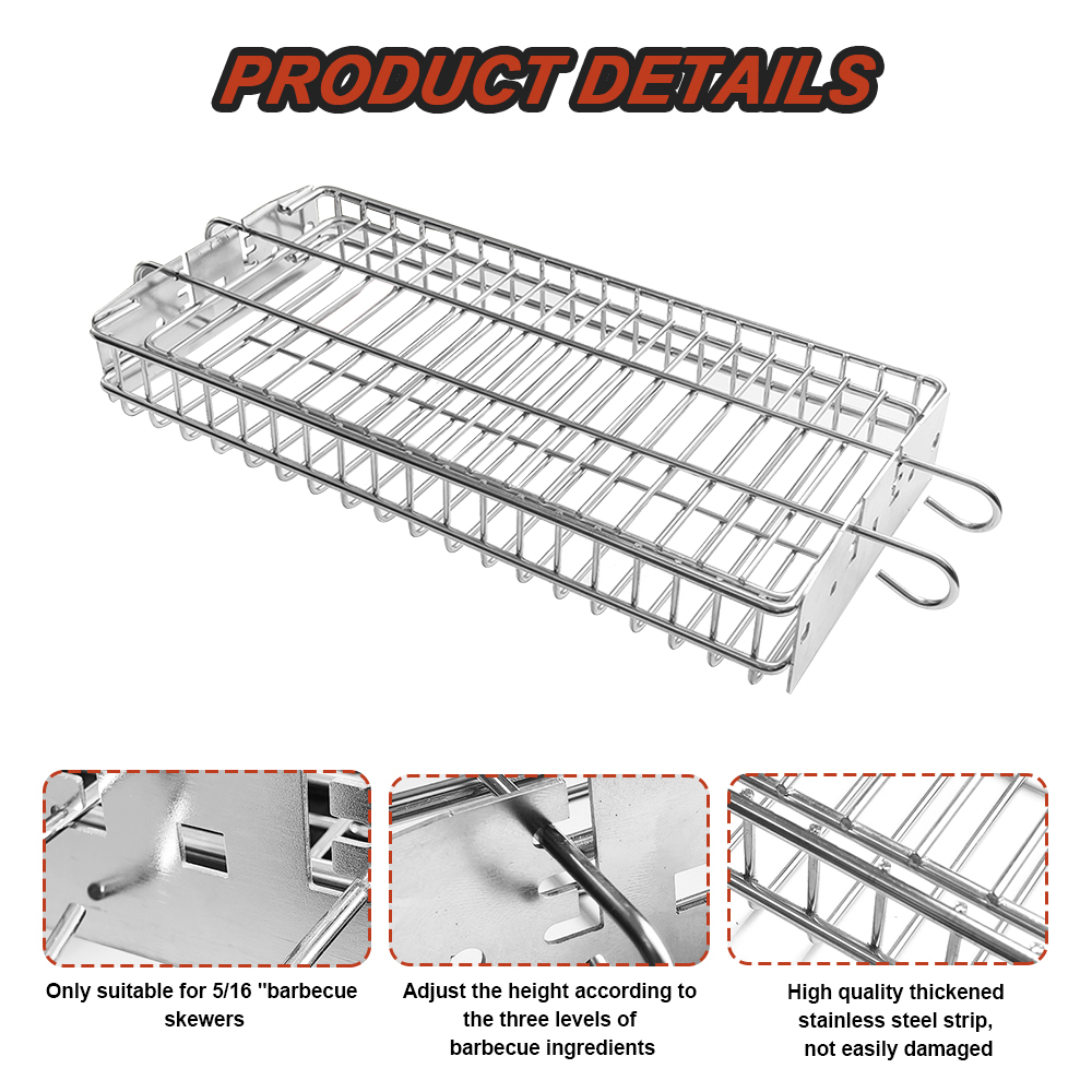Stainless Steel Universal Grill Rotisserie Spit Rod Flat Basket