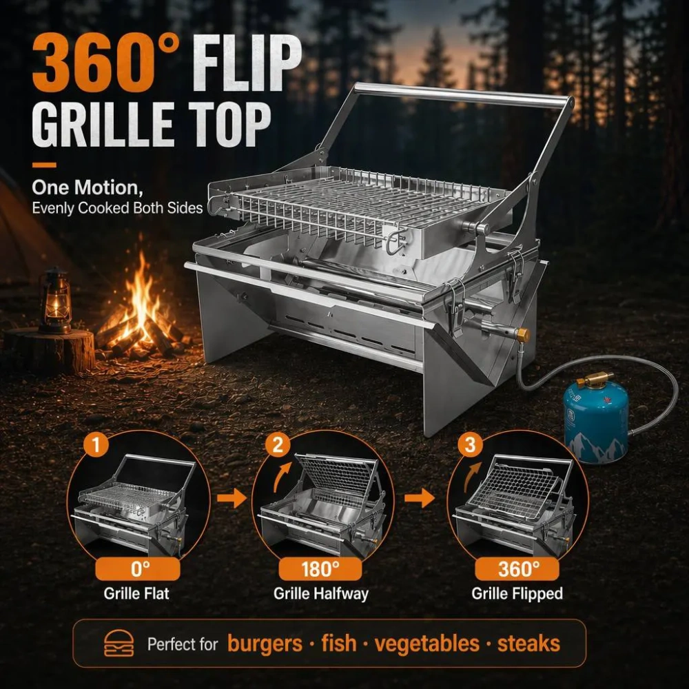 FLIPGRILL 360 Portable Dual-Fuel Grill — 304 Stainless Steel, 50% Foldable, Gas & Charcoal BBQ for Camping, Balcony & Picnic