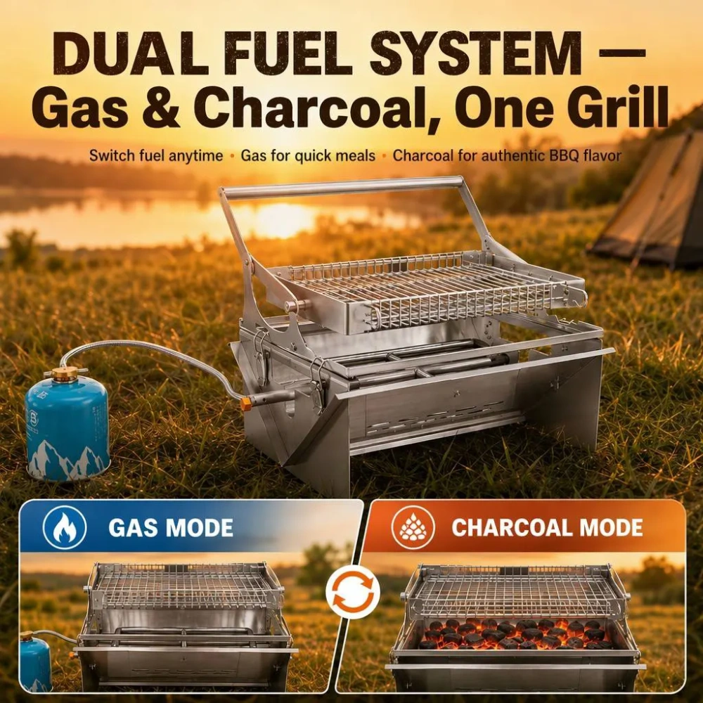 FLIPGRILL 360 Portable Dual-Fuel Grill — 304 Stainless Steel, 50% Foldable, Gas & Charcoal BBQ for Camping, Balcony & Picnic