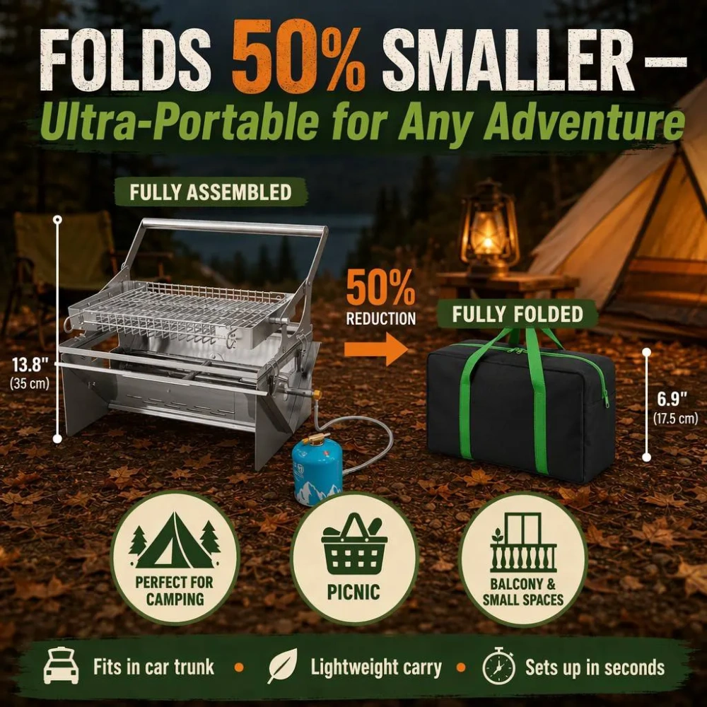 FLIPGRILL 360 Portable Dual-Fuel Grill — 304 Stainless Steel, 50% Foldable, Gas & Charcoal BBQ for Camping, Balcony & Picnic