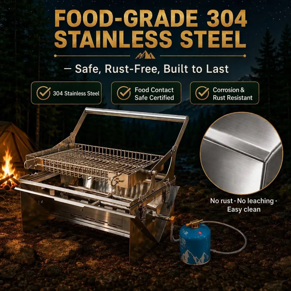 FLIPGRILL 360 Portable Dual-Fuel Grill — 304 Stainless Steel, 50% Foldable, Gas & Charcoal BBQ for Camping, Balcony & Picnic