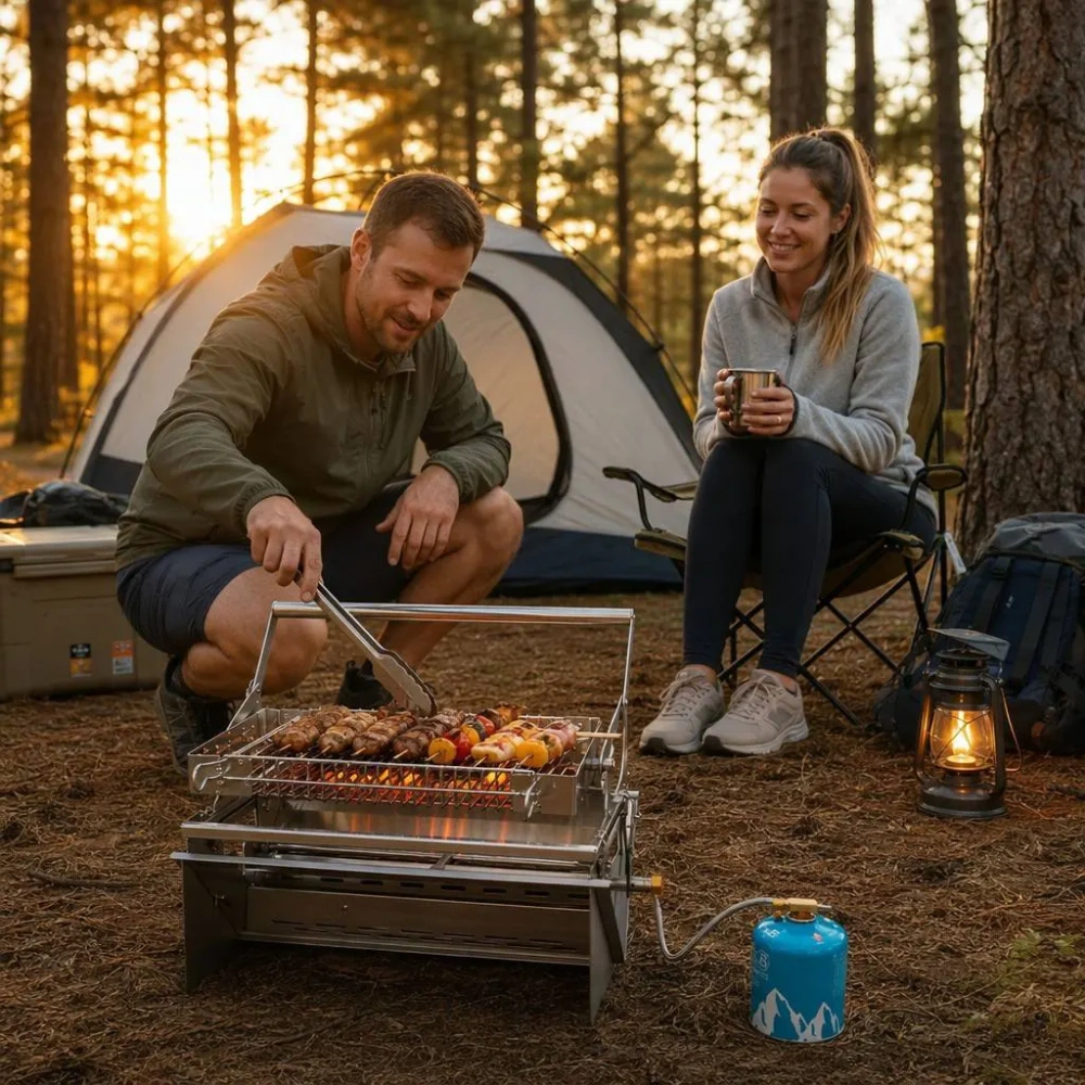 FLIPGRILL 360 Portable Dual-Fuel Grill — 304 Stainless Steel, 50% Foldable, Gas & Charcoal BBQ for Camping, Balcony & Picnic