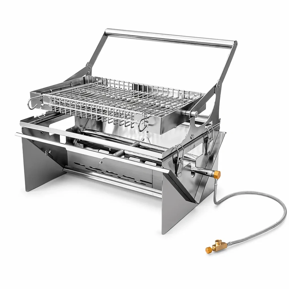 FLIPGRILL 360 Portable Dual-Fuel Grill — 304 Stainless Steel, 50% Foldable, Gas & Charcoal BBQ for Camping, Balcony & Picnic
