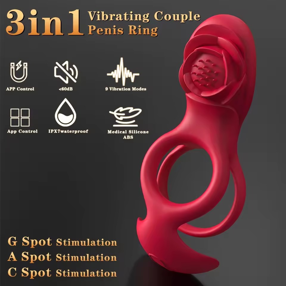 3-in-1 Remote Control Rose Vibrating Ring for Couples – Adjustable Silicone Performance Ring with Multi Modes