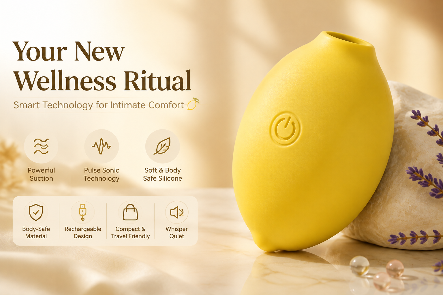 Modern wellness ritual banner featuring a yellow lemon-shaped personal wellness device with minimalist luxury styling, soft lighting, and premium lifestyle presentation.