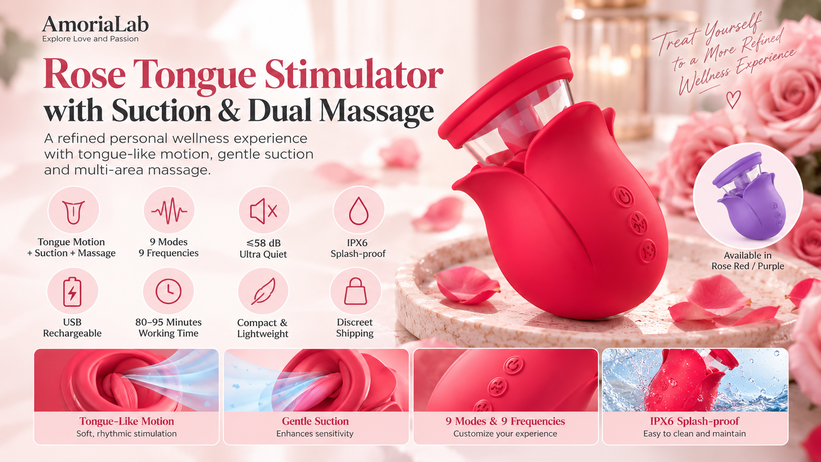 AmoriaLab Rose Tongue Stimulator with suction, dual massage, 9 modes and IPX6 splash-proof design